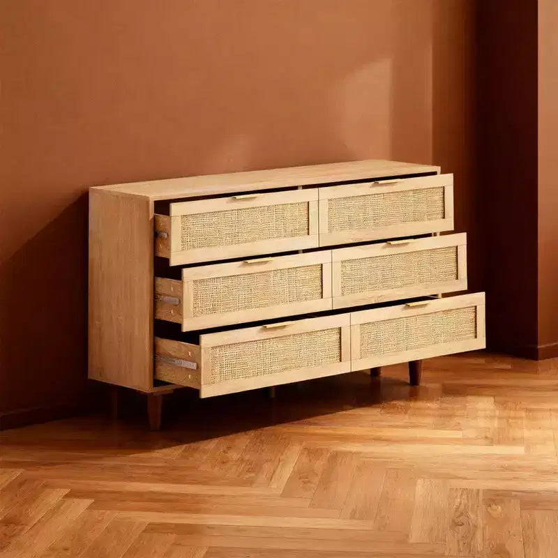 Commode de rangement en rotin naturel avec 6 tiroirs, commode autoportante pour chambre et salon, panneaux de particules, 51,18