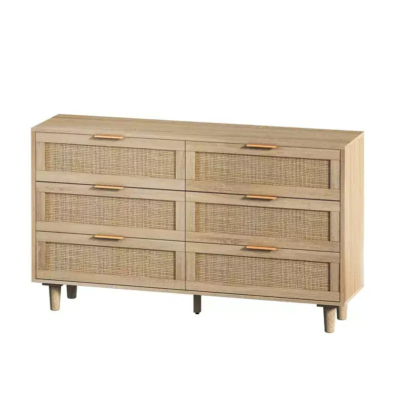 Commode de rangement en rotin naturel avec 6 tiroirs, commode autoportante pour chambre et salon, panneaux de particules, 51,18