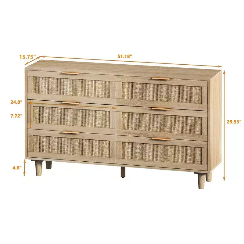 Commode de rangement en rotin naturel avec 6 tiroirs, commode autoportante pour chambre et salon, panneaux de particules, 51,18