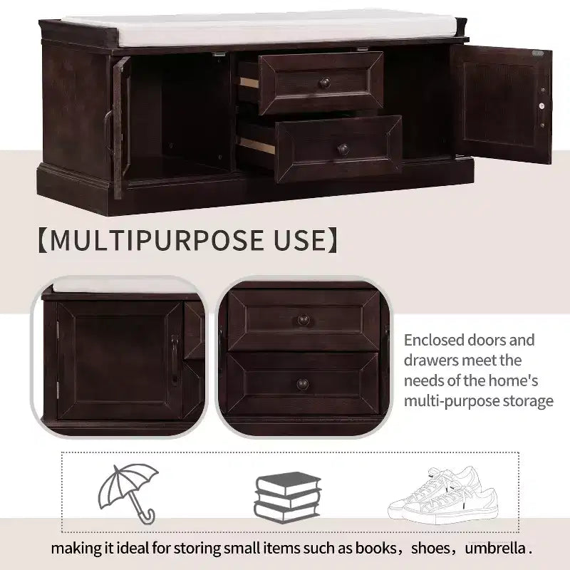 Banc range-chaussures avec 2 tiroirs, 2 armoires et coussin amovible, capacité de 90 kg