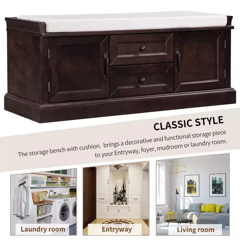 Banc range-chaussures avec 2 tiroirs, 2 armoires et coussin amovible, capacité de 90 kg