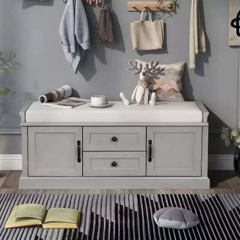 Banc range-chaussures avec 2 tiroirs, 2 armoires et coussin amovible, capacité de 90 kg