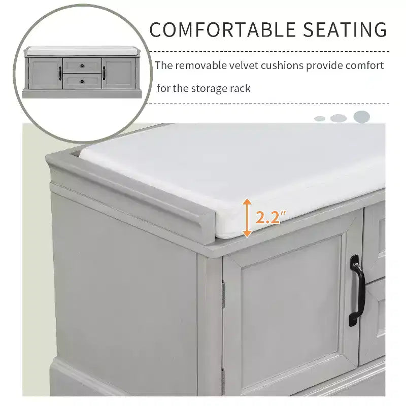 Banc range-chaussures avec 2 tiroirs, 2 armoires et coussin amovible, capacité de 90 kg