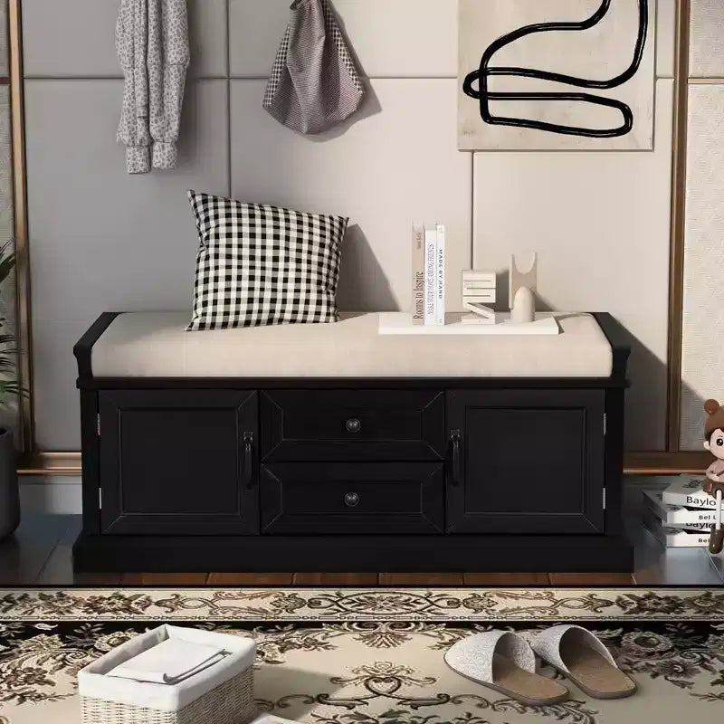 Banc range-chaussures avec 2 tiroirs, 2 armoires et coussin amovible, capacité de 90 kg