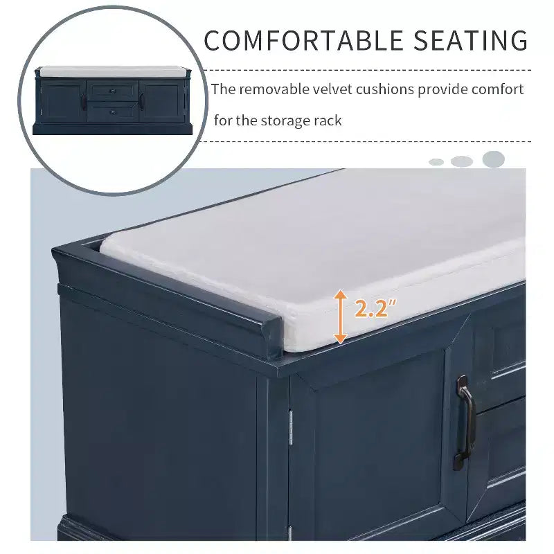 Banc range-chaussures avec 2 tiroirs, 2 armoires et coussin amovible, capacité de 90 kg