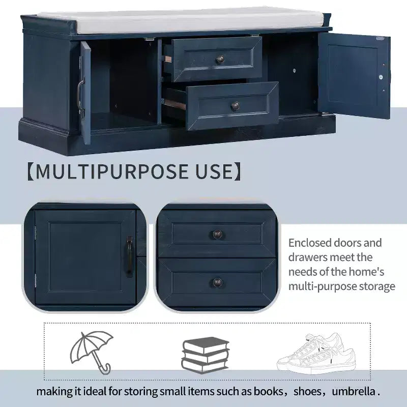 Banc range-chaussures avec 2 tiroirs, 2 armoires et coussin amovible, capacité de 90 kg