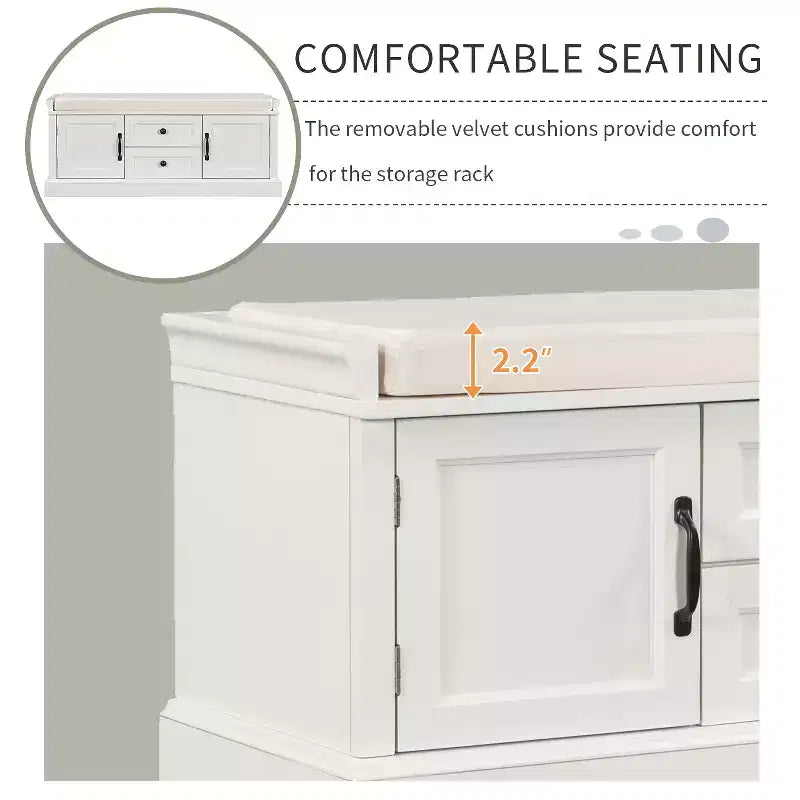 Banc range-chaussures avec 2 tiroirs, 2 armoires et coussin amovible, capacité de 90 kg