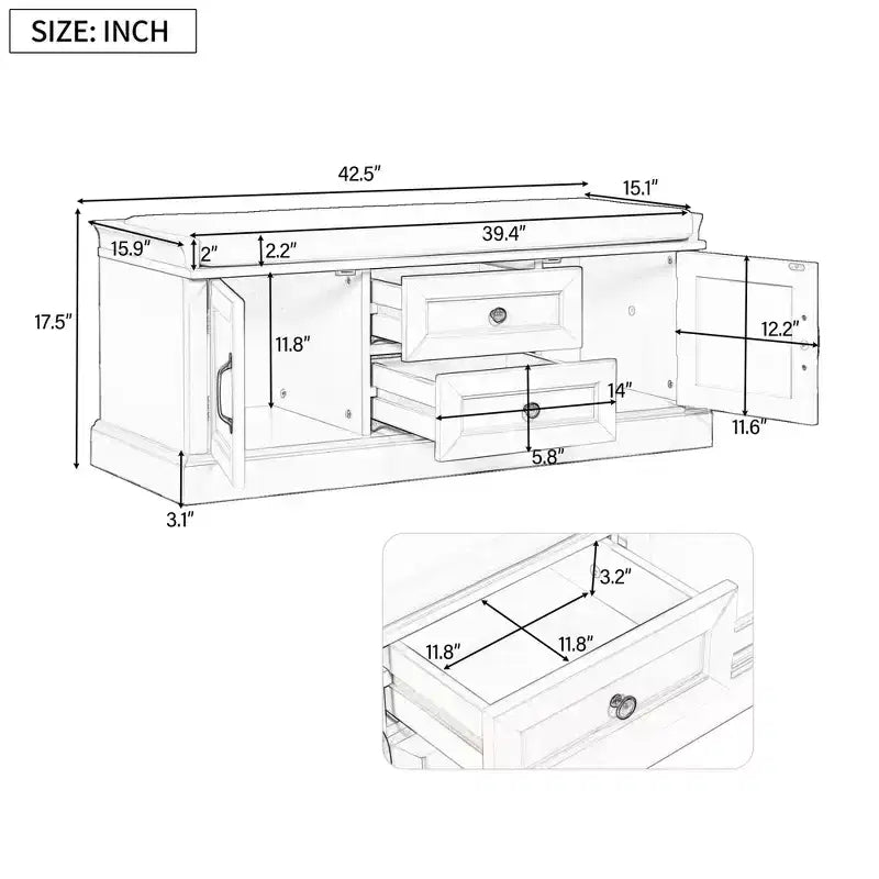 Banc range-chaussures avec 2 tiroirs, 2 armoires et coussin amovible, capacité de 90 kg