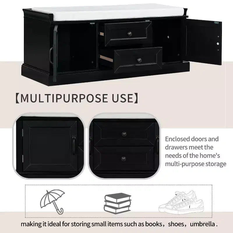 Banc range-chaussures avec 2 tiroirs, 2 armoires et coussin amovible, capacité de 90 kg