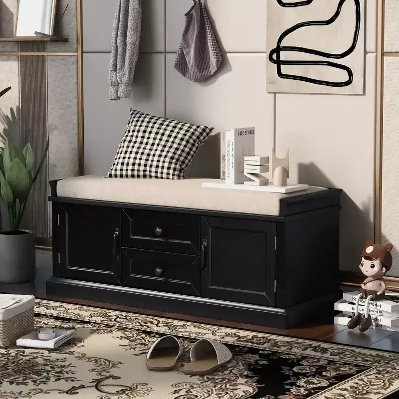 Shoe Storage Bench with 2 Drawers, 2 Cabinets, Removable Cushion for Living Room Entryway Hallway Foyer Laundry Room, 200 lbs Capacity