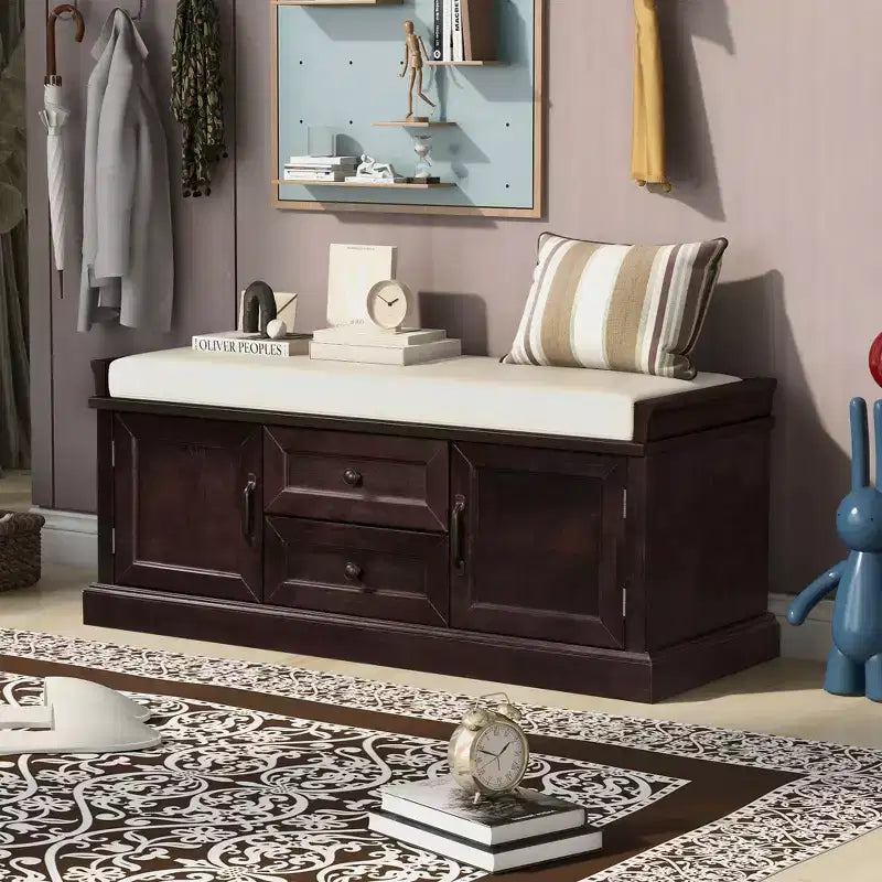 Banc range-chaussures avec 2 tiroirs, 2 armoires et coussin amovible, capacité de 90 kg