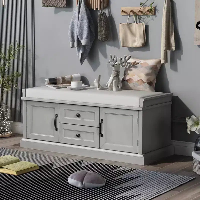 Banc range-chaussures avec 2 tiroirs, 2 armoires et coussin amovible, capacité de 90 kg