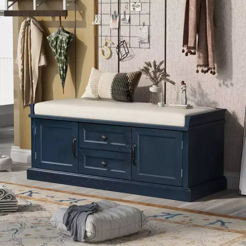Banc range-chaussures avec 2 tiroirs, 2 armoires et coussin amovible, capacité de 90 kg