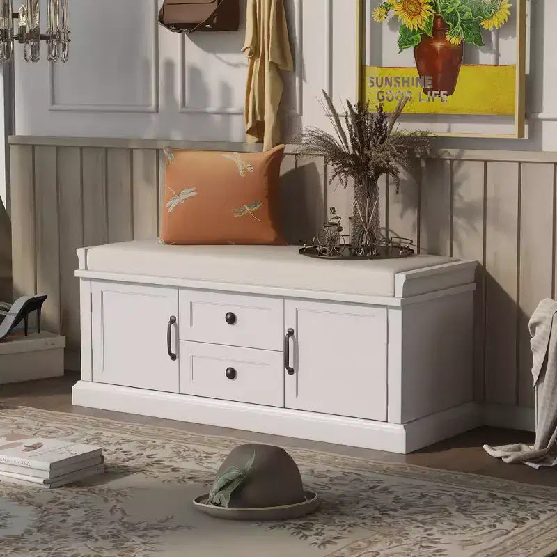 Banc range-chaussures avec 2 tiroirs, 2 armoires et coussin amovible, capacité de 90 kg