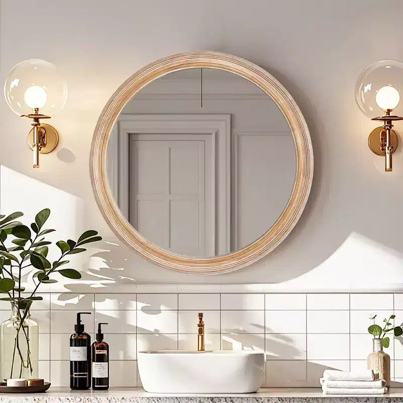 TUYOHW Farmhouse Wood Decorative Wall Mirror with Whitewash Edge,Vanity Circle Mirror for Bedroom,Living Room
