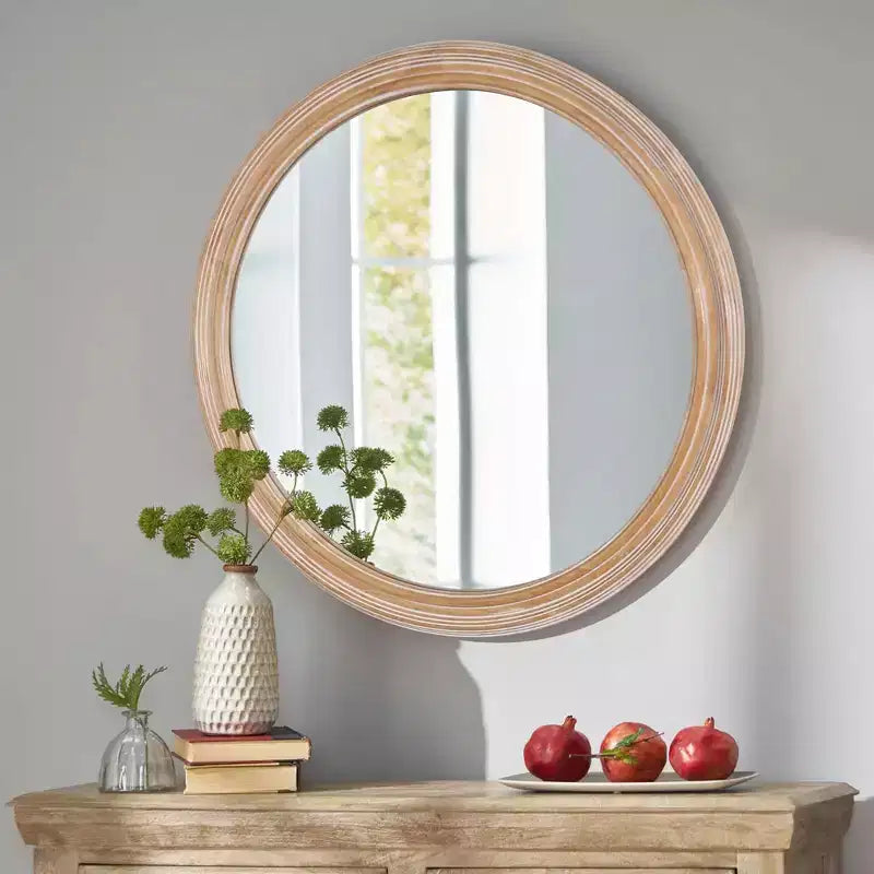 Miroir mural décoratif en bois de ferme avec bordure blanchie, miroir rond de vanité pour chambre à coucher, salon