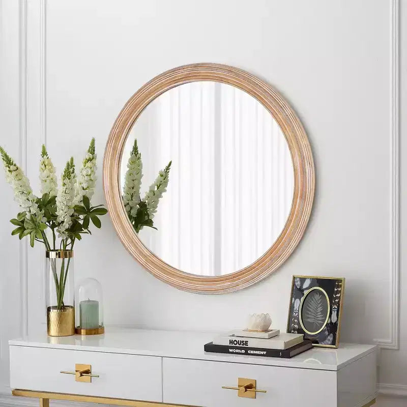 Miroir mural décoratif en bois de ferme avec bordure blanchie, miroir rond de vanité pour chambre à coucher, salon
