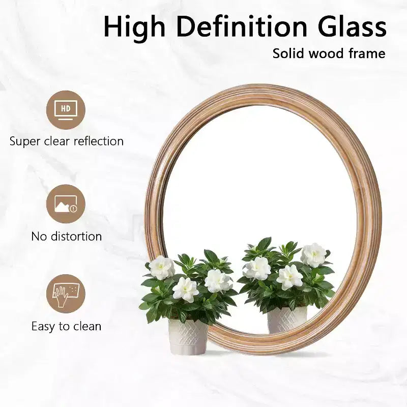 Miroir mural décoratif en bois de ferme avec bordure blanchie, miroir rond de vanité pour chambre à coucher, salon