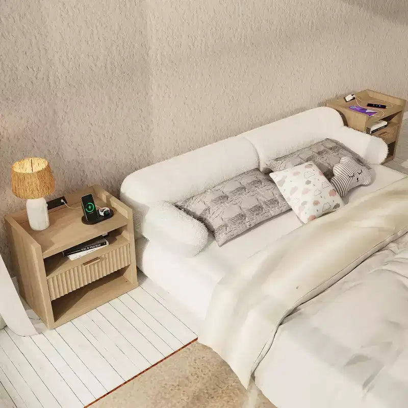 Table d'appoint en bois avec station de recharge, table de chevet à 1 tiroir, table de chevet moderne avec ports USB et prises CA