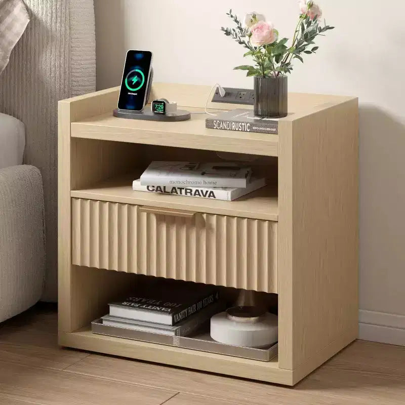 Table d'appoint en bois avec station de recharge, table de chevet à 1 tiroir, table de chevet moderne avec ports USB et prises CA