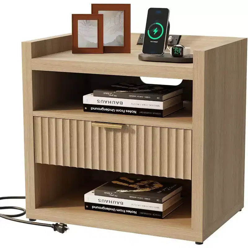 Table d'appoint en bois avec station de recharge, table de chevet à 1 tiroir, table de chevet moderne avec ports USB et prises CA