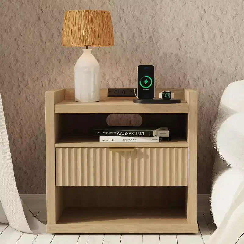 Table d'appoint en bois avec station de recharge, table de chevet à 1 tiroir, table de chevet moderne avec ports USB et prises CA