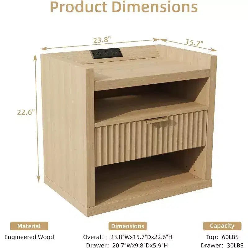 Table d'appoint en bois avec station de recharge, table de chevet à 1 tiroir, table de chevet moderne avec ports USB et prises CA