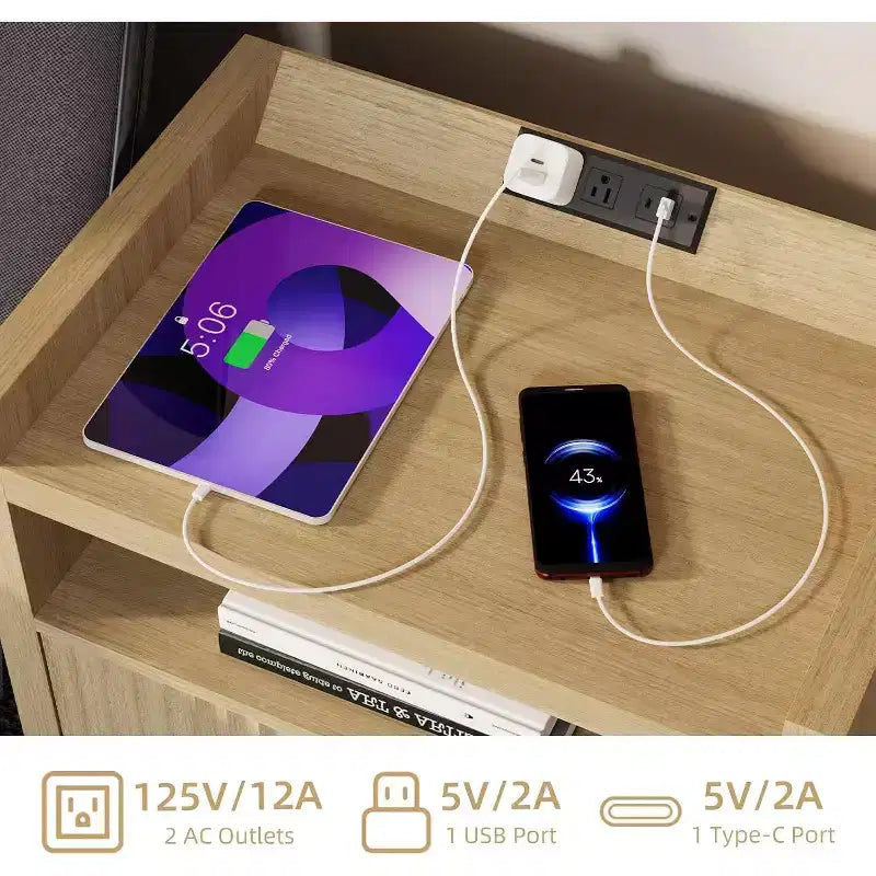 Table d'appoint en bois avec station de recharge, table de chevet à 1 tiroir, table de chevet moderne avec ports USB et prises CA