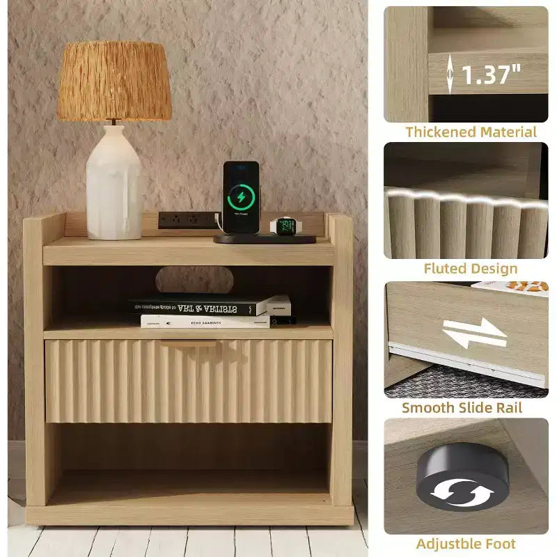 Table d'appoint en bois avec station de recharge, table de chevet à 1 tiroir, table de chevet moderne avec ports USB et prises CA