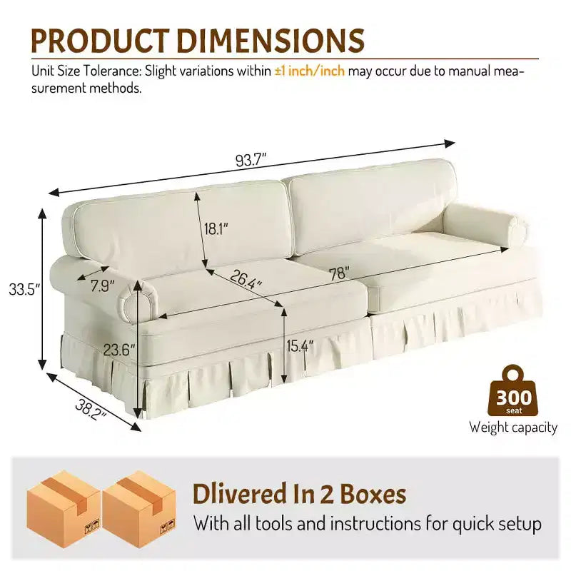 Canapé confortable 3 et 4 places avec accoudoirs arrondis et jupe plissée, beige