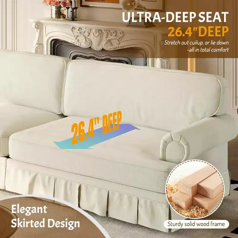 Canapé confortable 3 et 4 places avec accoudoirs arrondis et jupe plissée, beige