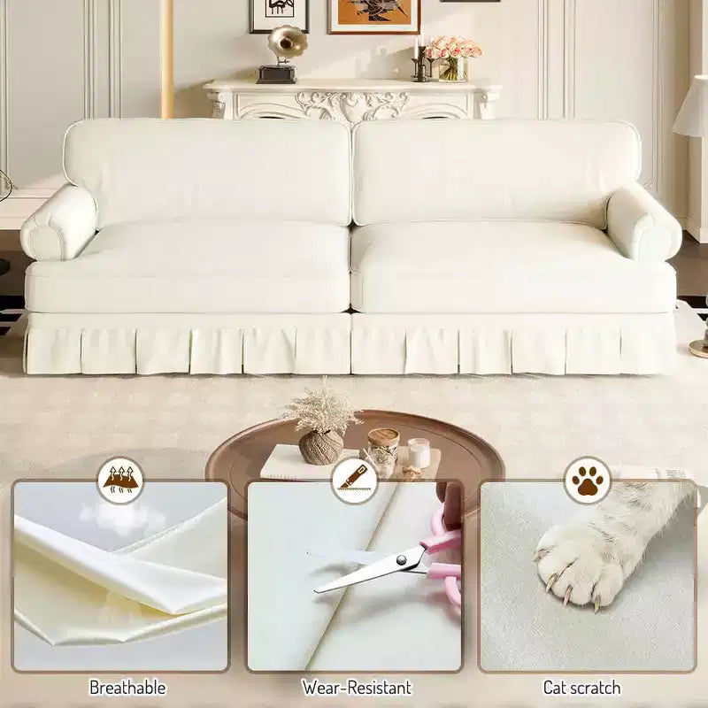 Canapé confortable 3 et 4 places avec accoudoirs arrondis et jupe plissée, beige