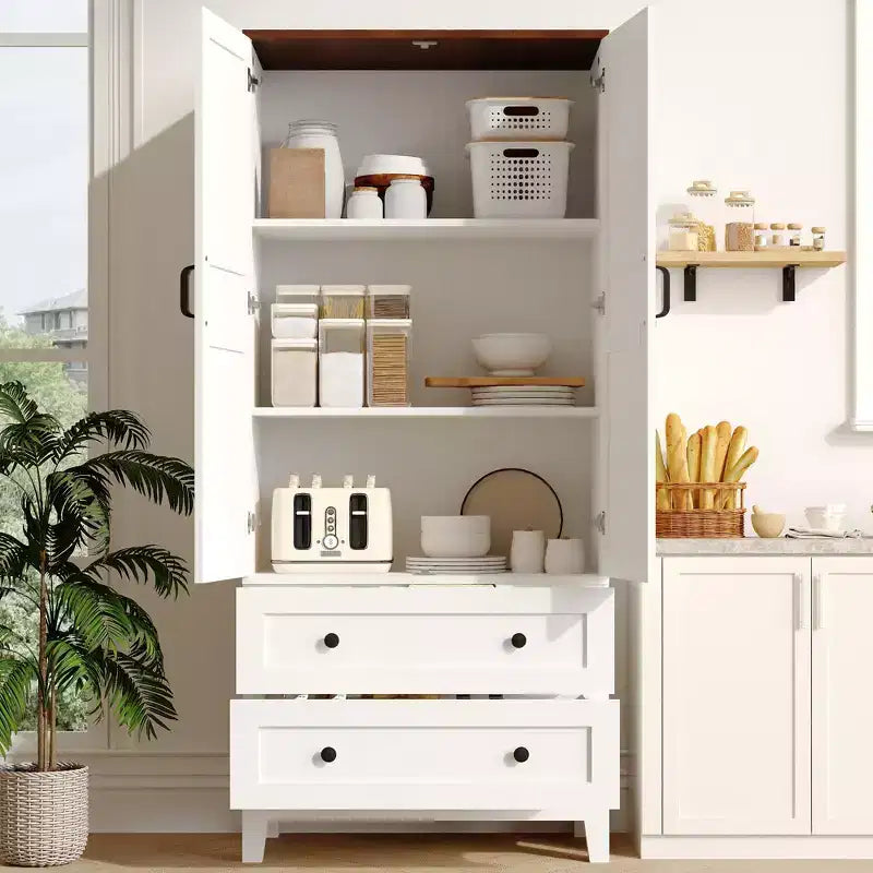 COZONY Tall Storage Cabinet with 2 Drawers, Adjustable Shelf Farmhouse Floor Cabinet with Doors, White