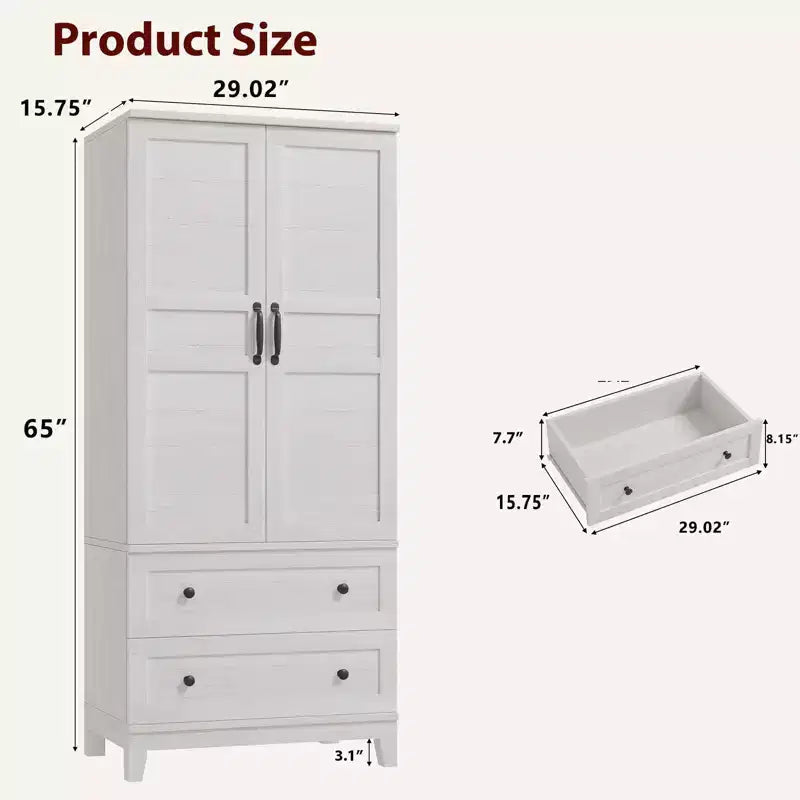 Armoire de rangement haute avec 2 tiroirs, étagère réglable, meuble de rangement de style ferme avec portes, blanc