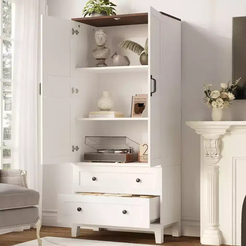 Armoire de rangement haute avec 2 tiroirs, étagère réglable, meuble de rangement de style ferme avec portes, blanc