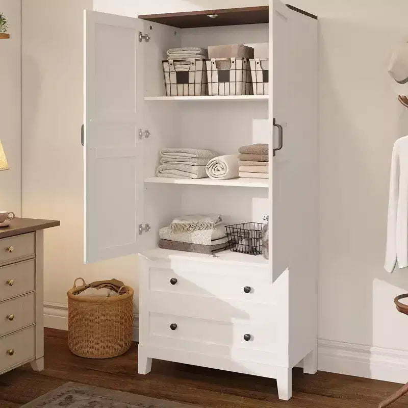 Armoire de rangement haute avec 2 tiroirs, étagère réglable, meuble de rangement de style ferme avec portes, blanc
