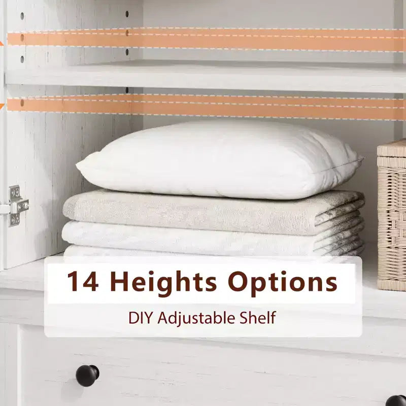 Armoire de rangement haute avec 2 tiroirs, étagère réglable, meuble de rangement de style ferme avec portes, blanc