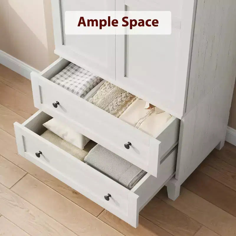 Armoire de rangement haute avec 2 tiroirs, étagère réglable, meuble de rangement de style ferme avec portes, blanc