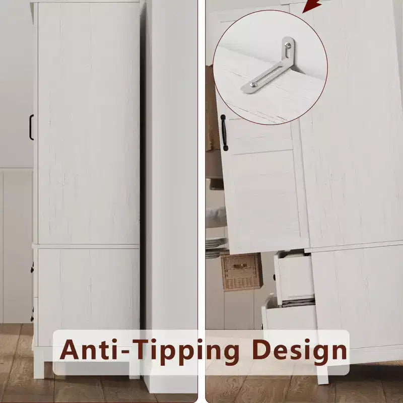 Armoire de rangement haute avec 2 tiroirs, étagère réglable, meuble de rangement de style ferme avec portes, blanc