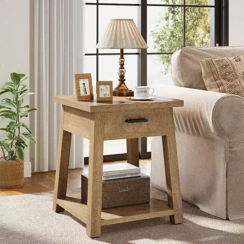 Tribesigns 2 -Tier Square Side Table, Wooden End Table with Drawer, with Shelf Storage for Living Room, Bedroom, Office,Natural Brown