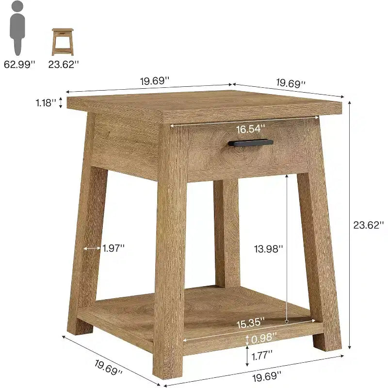 Table d'appoint carrée à 2 niveaux, Table de bout en bois avec tiroir et étagère de rangement pour salon, chambre à coucher, bureau - Marron naturel