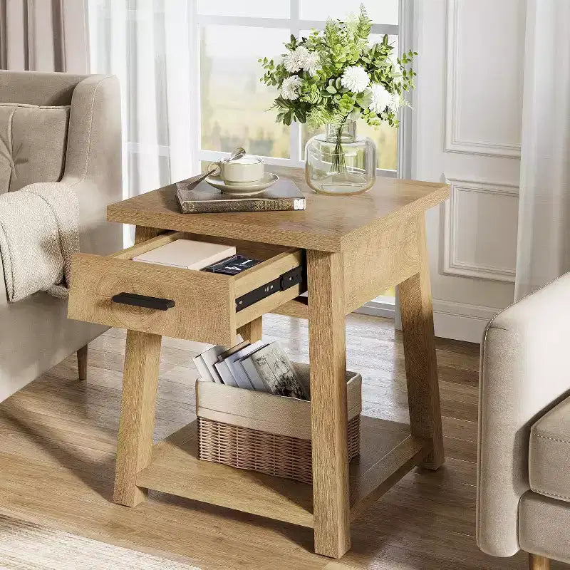 Table d'appoint carrée à 2 niveaux, Table de bout en bois avec tiroir et étagère de rangement pour salon, chambre à coucher, bureau - Marron naturel