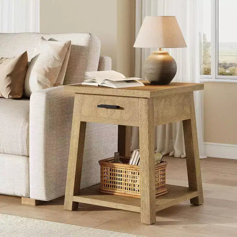 Table d'appoint carrée à 2 niveaux, Table de bout en bois avec tiroir et étagère de rangement pour salon, chambre à coucher, bureau - Marron naturel