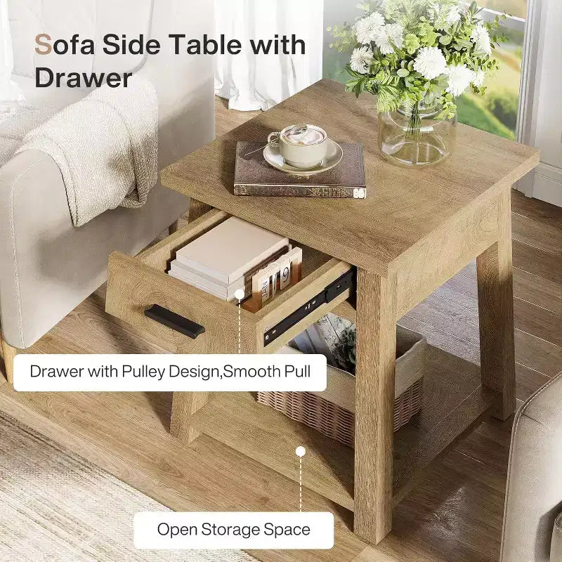 Table d'appoint carrée à 2 niveaux, Table de bout en bois avec tiroir et étagère de rangement pour salon, chambre à coucher, bureau - Marron naturel