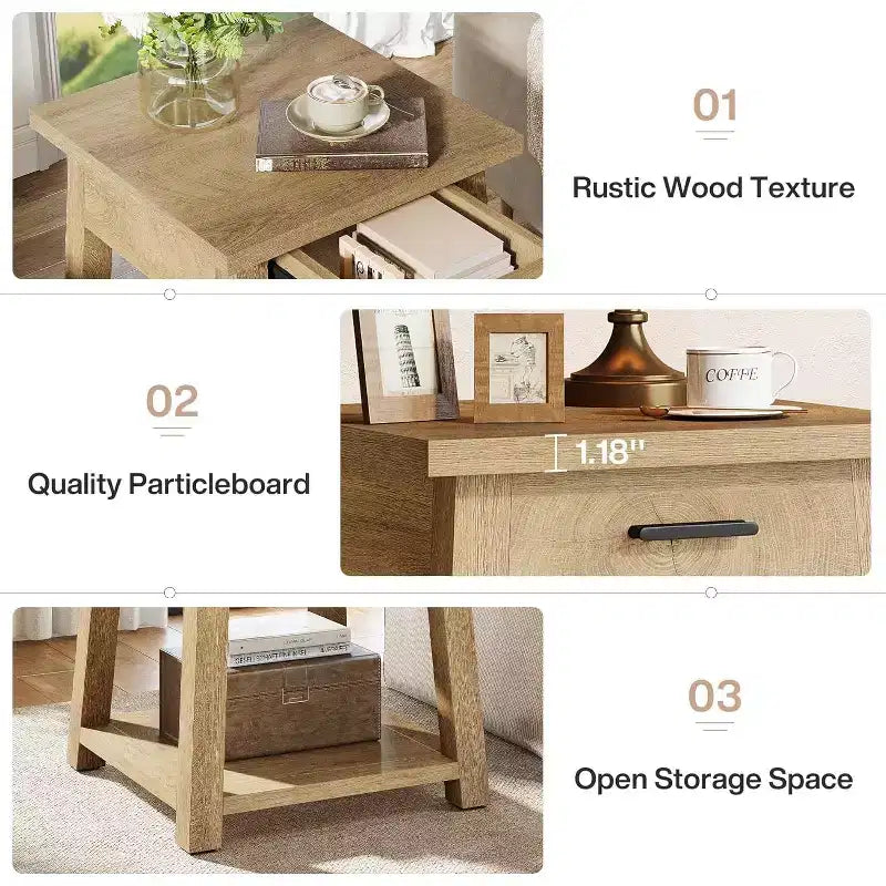 Table d'appoint carrée à 2 niveaux, Table de bout en bois avec tiroir et étagère de rangement pour salon, chambre à coucher, bureau - Marron naturel