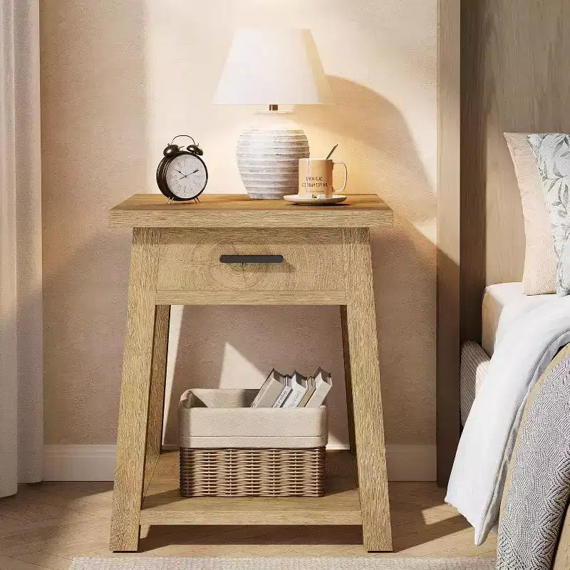 Table d'appoint carrée à 2 niveaux, Table de bout en bois avec tiroir et étagère de rangement pour salon, chambre à coucher, bureau - Marron naturel