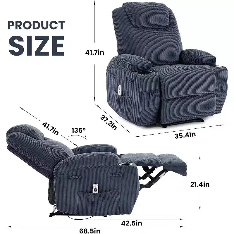 Fauteuil inclinable de massage et chauffant, canapé simple réglable en velours côtelé avec porte-gobelets et poches latérales