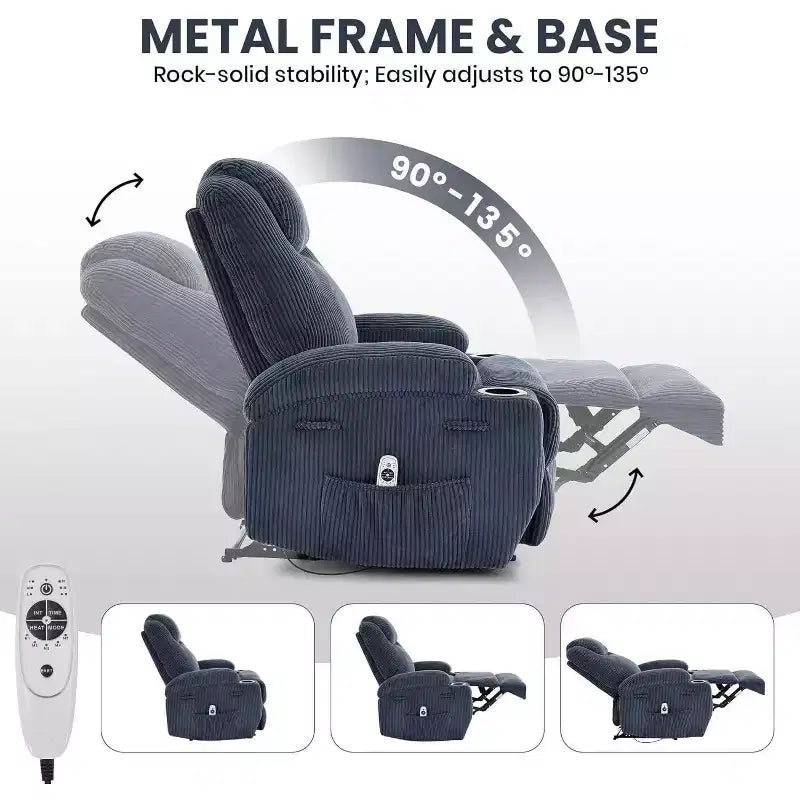 Fauteuil inclinable de massage et chauffant, canapé simple réglable en velours côtelé avec porte-gobelets et poches latérales