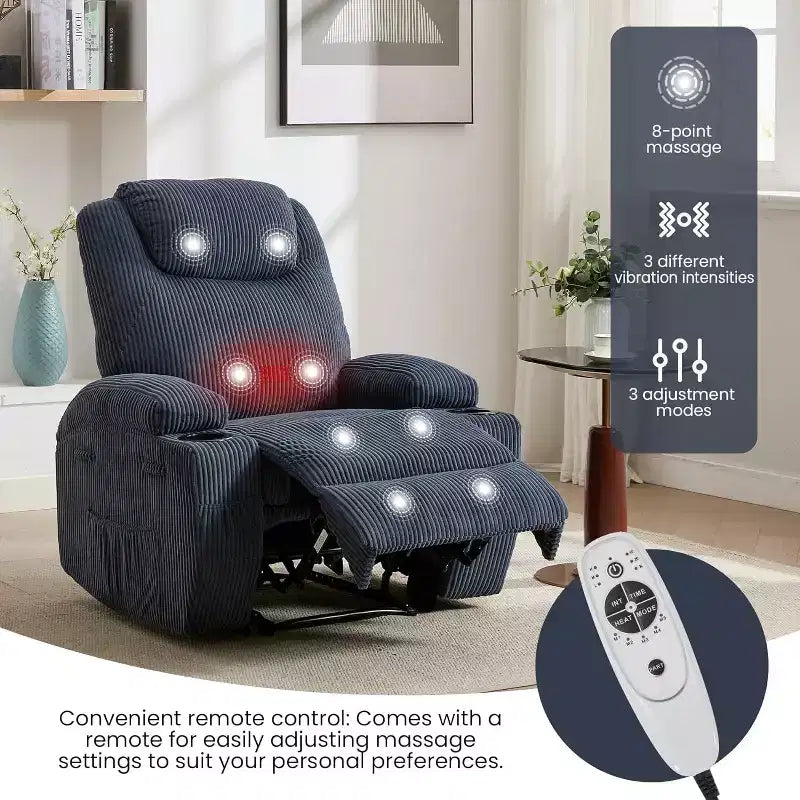 Fauteuil inclinable de massage et chauffant, canapé simple réglable en velours côtelé avec porte-gobelets et poches latérales