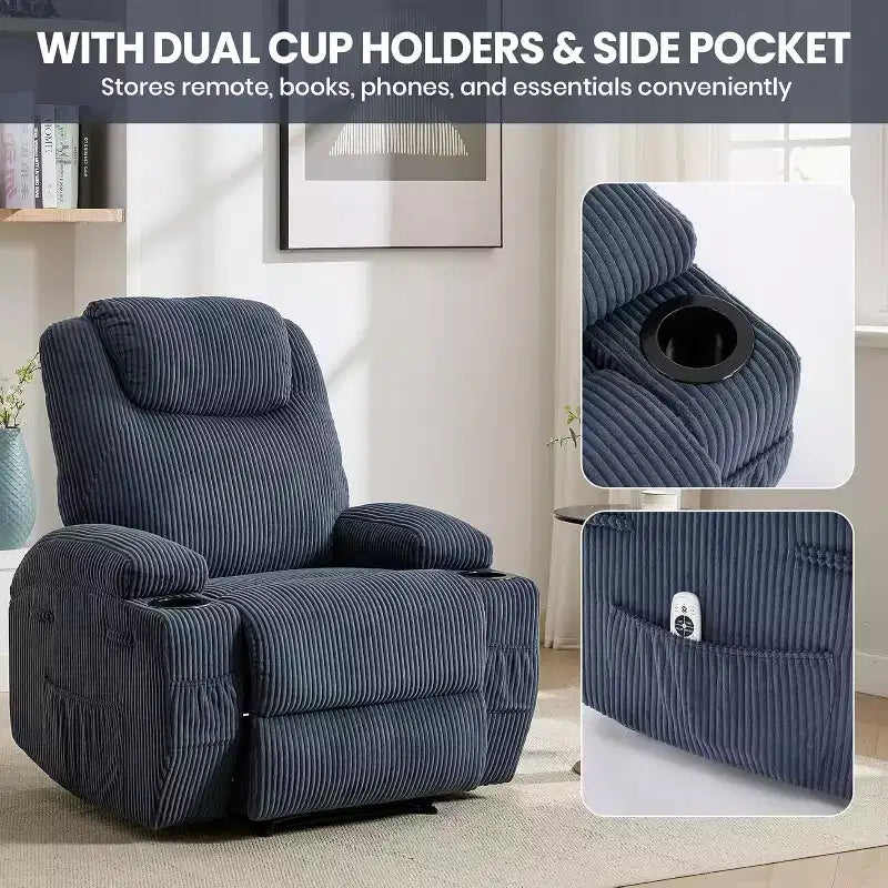 Fauteuil inclinable de massage et chauffant, canapé simple réglable en velours côtelé avec porte-gobelets et poches latérales